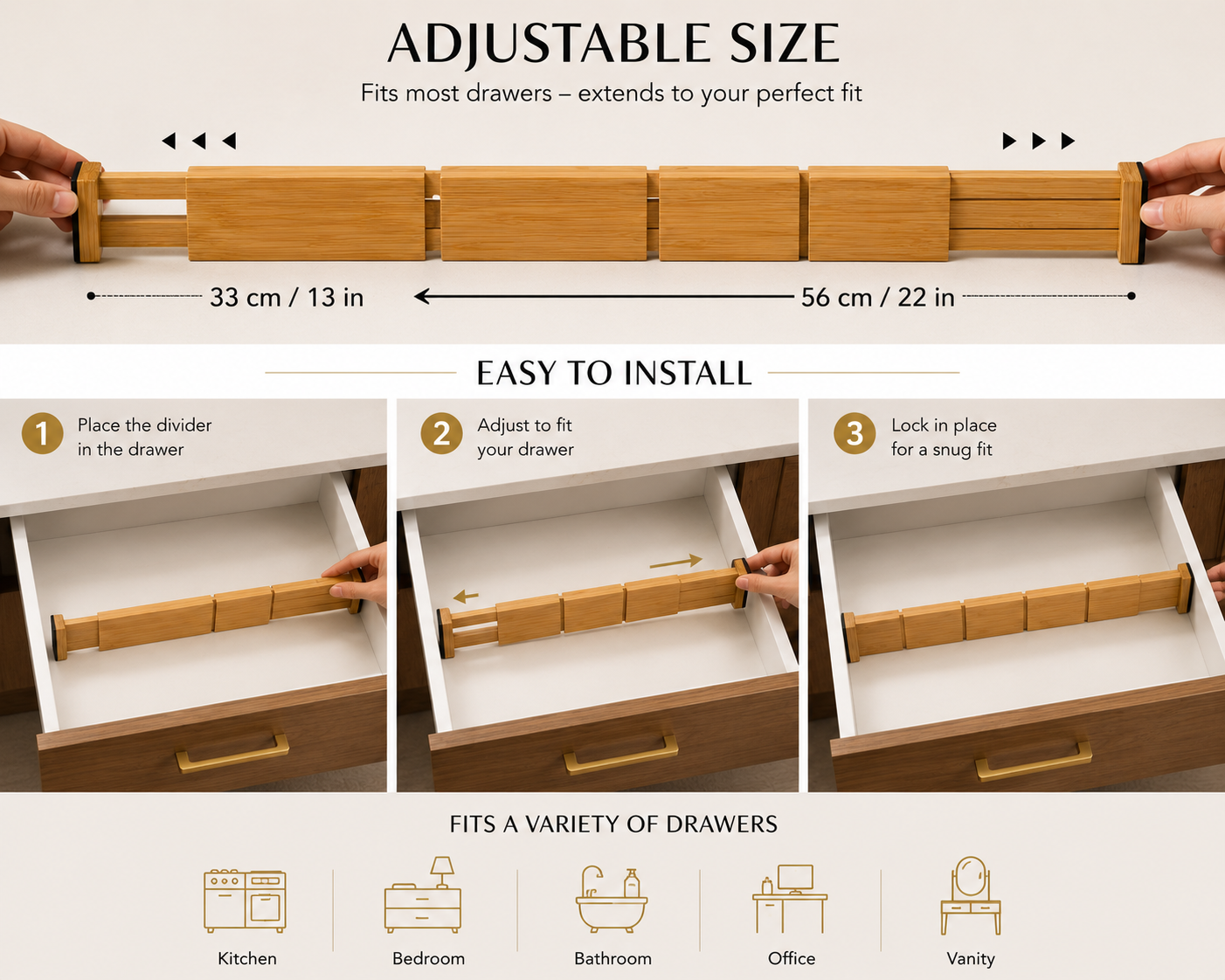 SerenaSort™ Adjustable Bamboo Drawer Dividers