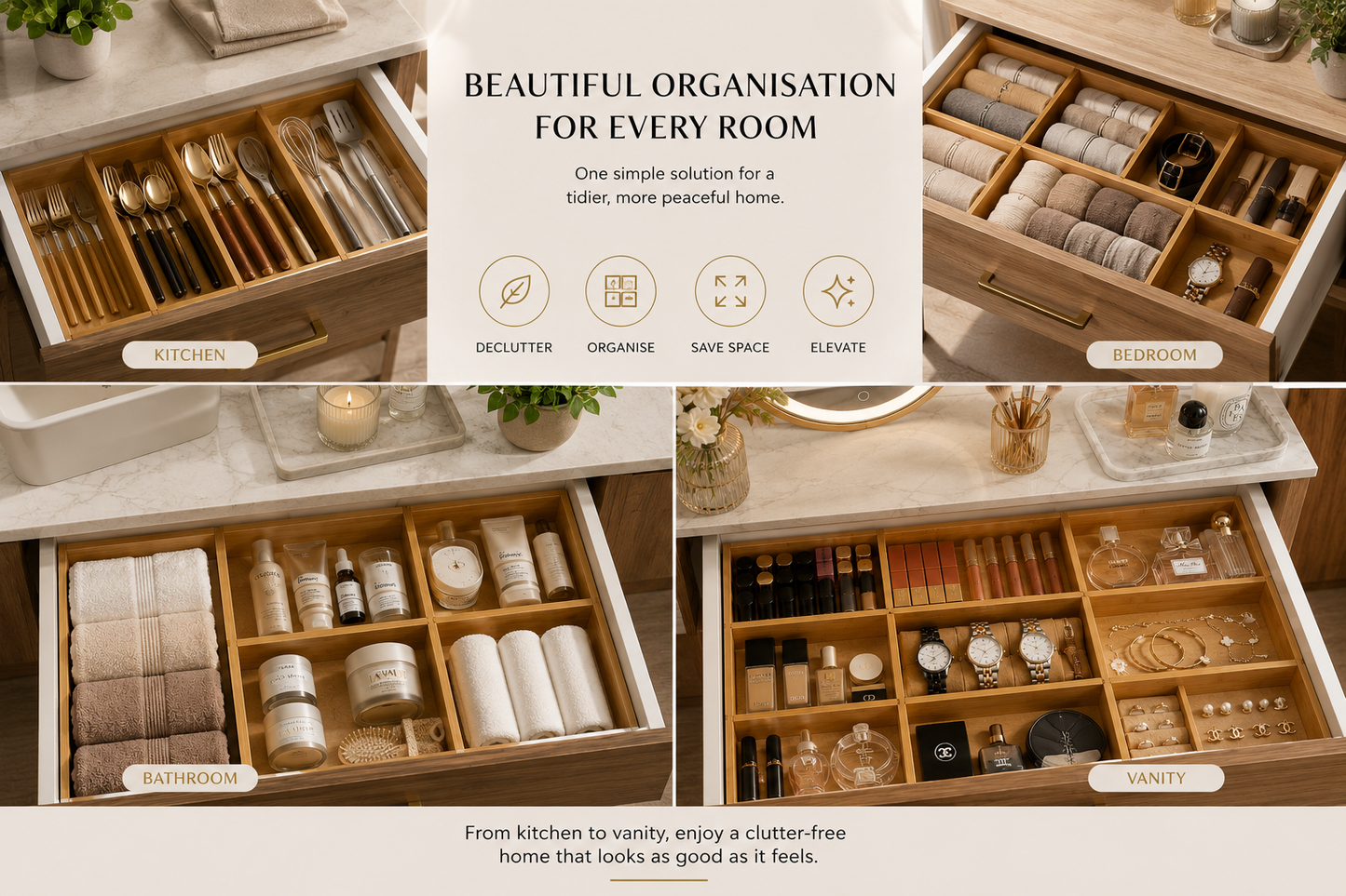SerenaSort™ Adjustable Bamboo Drawer Dividers