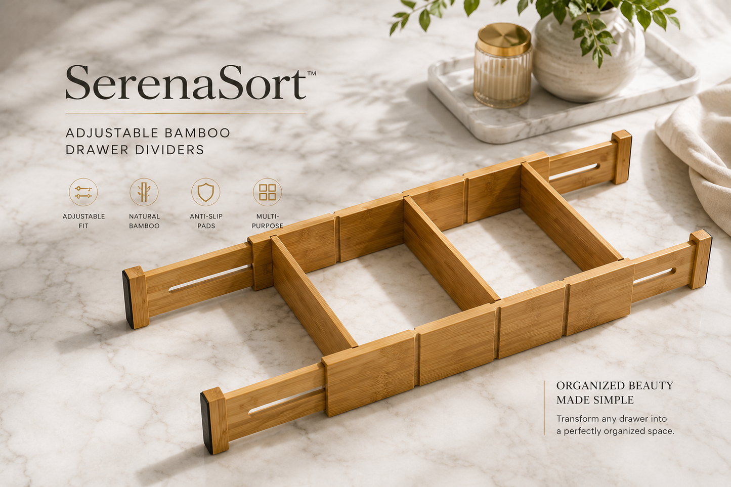SerenaSort™ Adjustable Bamboo Drawer Dividers