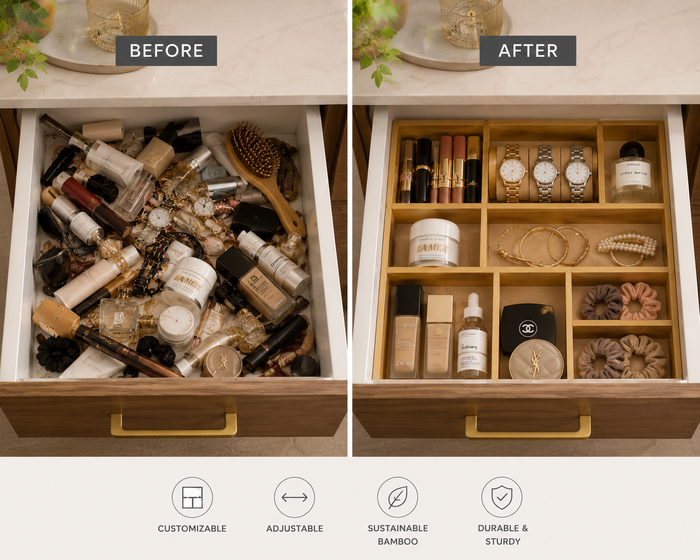 SerenaSort™ Adjustable Bamboo Drawer Dividers