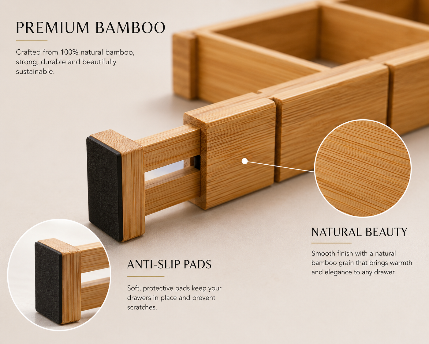 SerenaSort™ Adjustable Bamboo Drawer Dividers